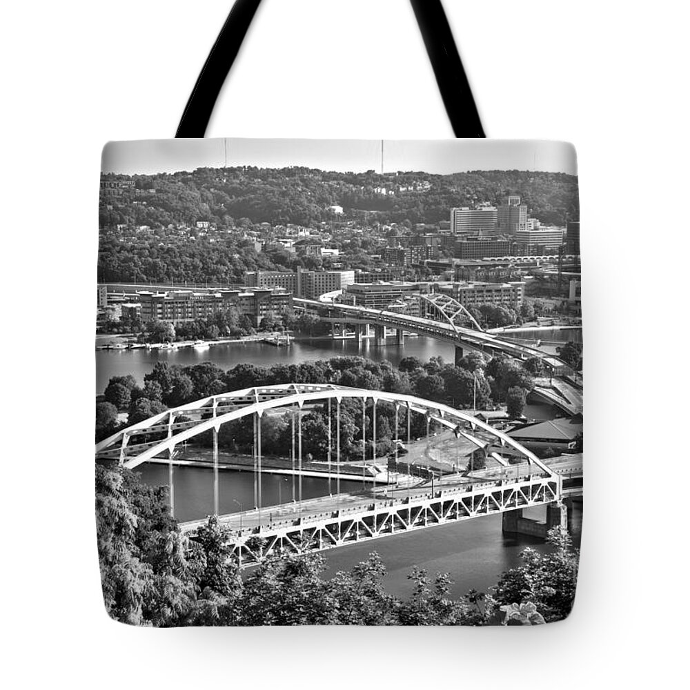 Pittsburgh Tote Bag featuring the photograph From Station Square To The Pittsburgh North Shore Black And White by Adam Jewell