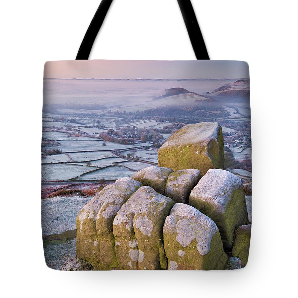 Froggatt Edge Tote Bag featuring the photograph Frosty Curbar edge sunrise, Peak District, England by Neale And Judith Clark