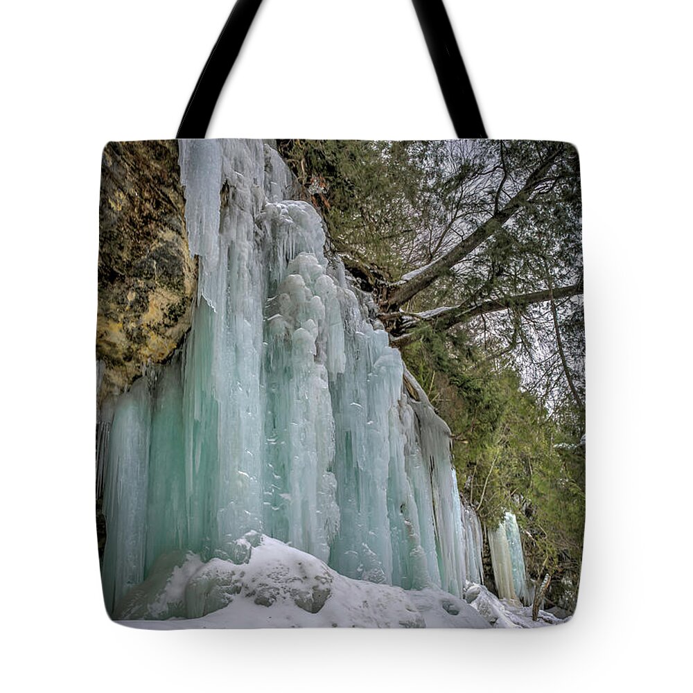 Up Tote Bag featuring the photograph Frozen Falls by Laura Hedien