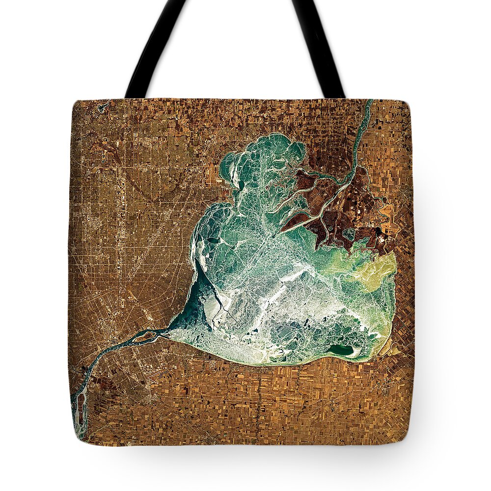 Satellite Image Tote Bag featuring the digital art Frozen Lake St. Clair by Christian Pauschert