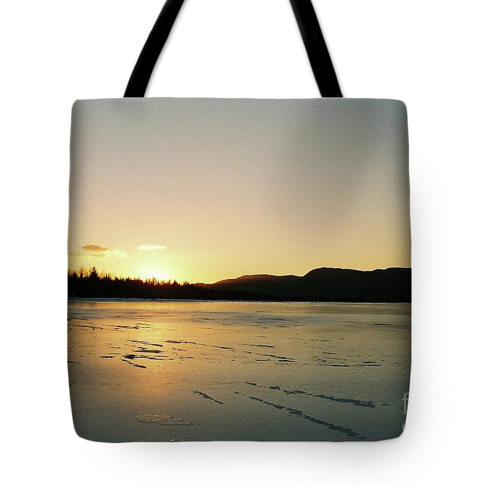 #juneau #alaska #ak #mendenhall #mendenhalllake #lake #winter #frozen #sunset #cold #vacation #peaceful Tote Bag featuring the photograph Frozen Sunset by Charles Vice
