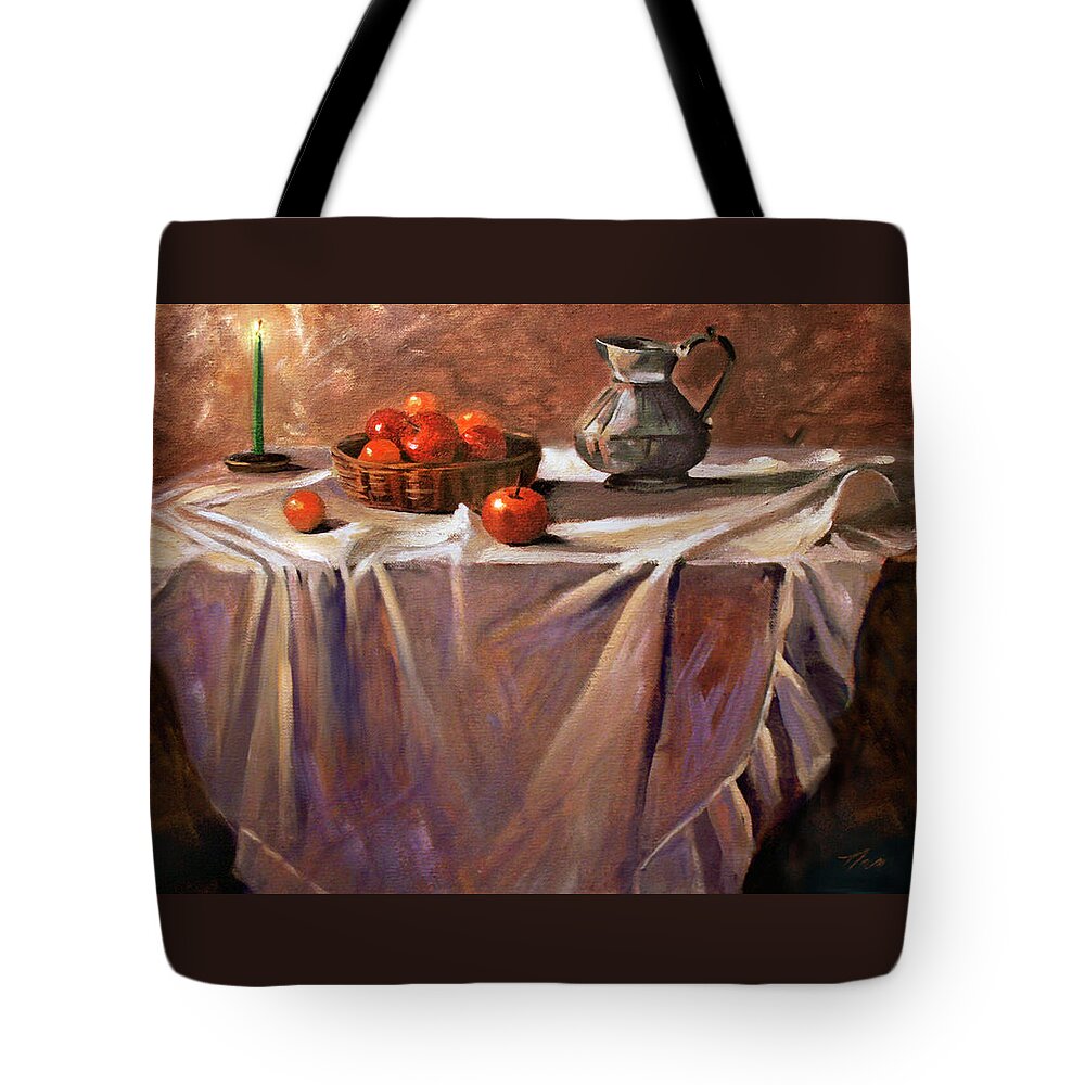 Still Life Tote Bag featuring the painting Fruit by Candle Light by Nancy Griswold