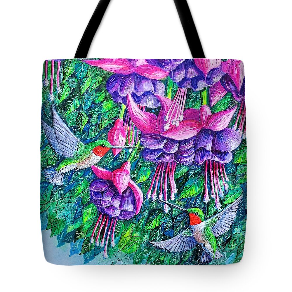 Fuchsia. Hummingbirds Tote Bag featuring the painting Fuchsia Frolic by Diane Phalen