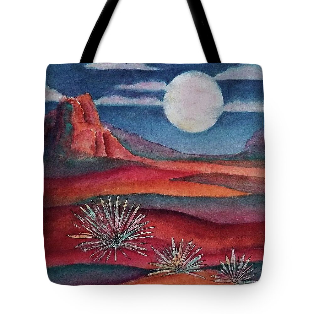 Landscape Tote Bag featuring the mixed media Full Desert Moon by Terry Ann Morris