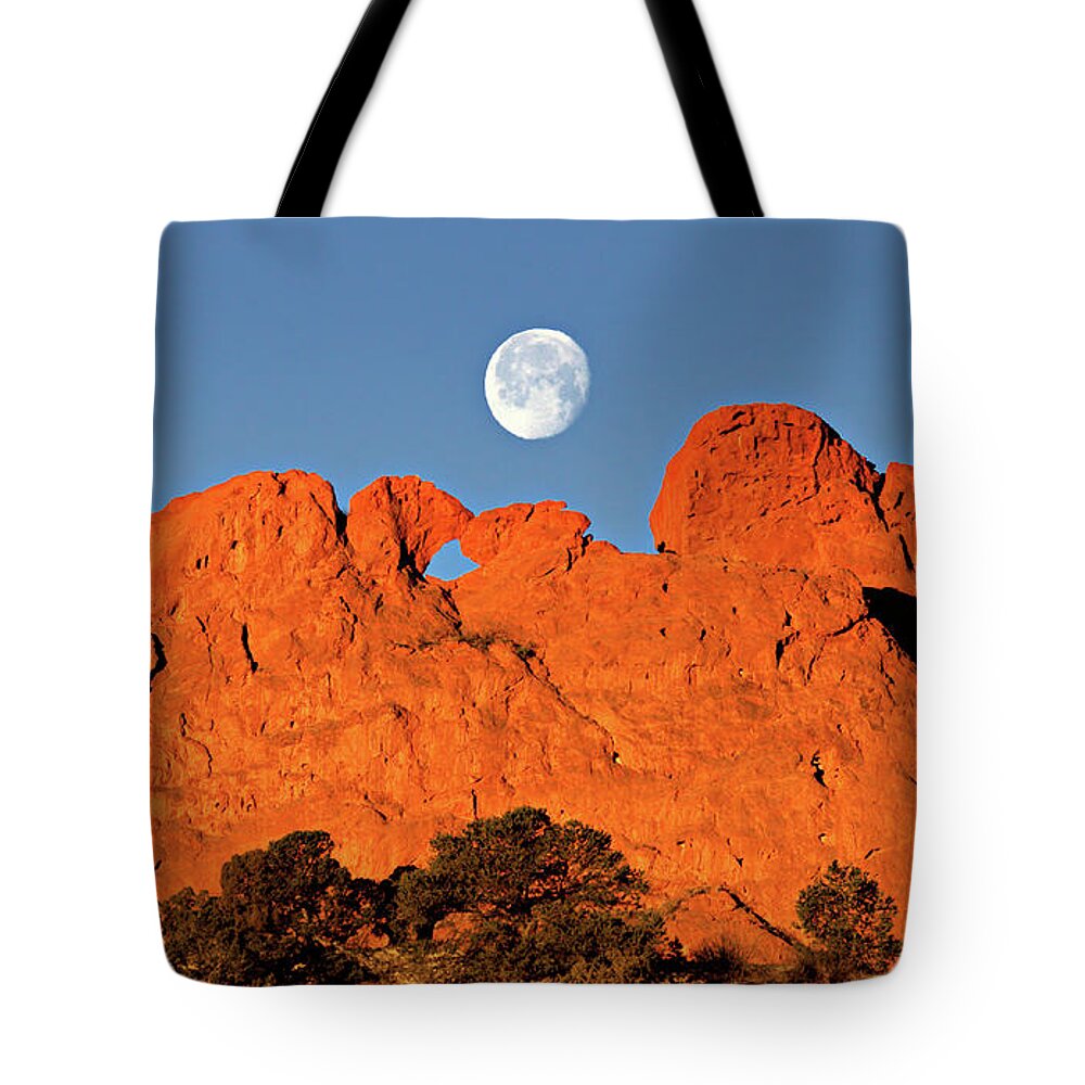 Moonset Tote Bag featuring the photograph Full Moon Kissing Camels by Bob Falcone