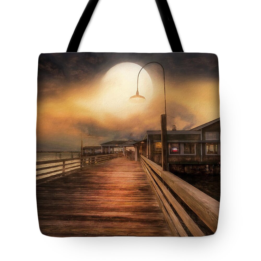 Clouds Tote Bag featuring the photograph Full Moon over the Docks on Jekyll Island Painting by Debra and Dave Vanderlaan