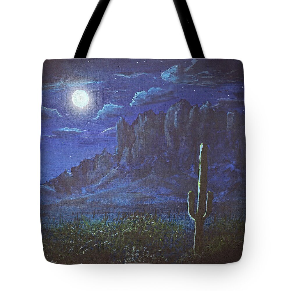 Superstition Mountains Tote Bag featuring the painting Full Moon over the Superstition Mountains, Arizona by Chance Kafka