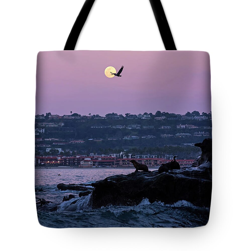 La Tote Bag featuring the photograph Full Moon rising in Ellen Browning Scripps Park La Jolla CA San Diego Pelican Fly By by Toby McGuire