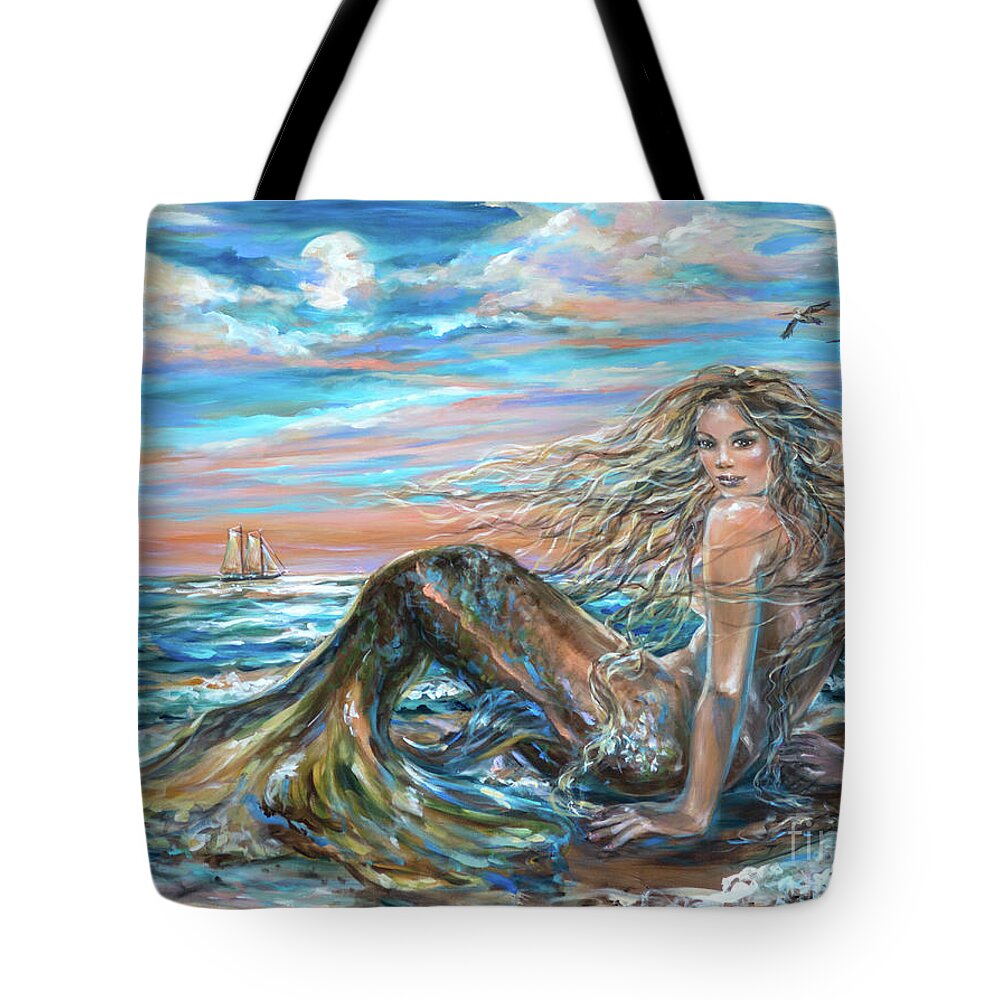 Ocean Tote Bag featuring the painting Full Moon Siren by Linda Olsen