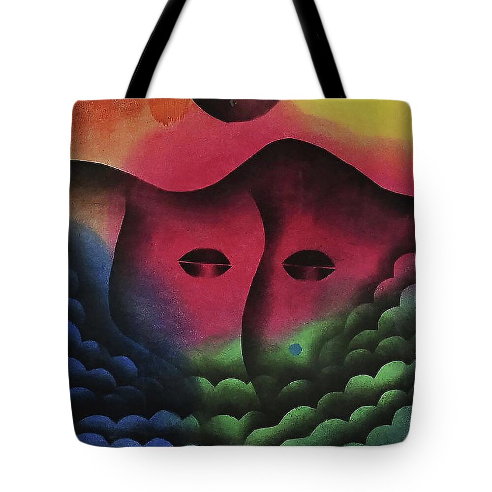 Abstract African Tote Bag featuring the painting Full Son Black by Winston Saoli 1950-1995
