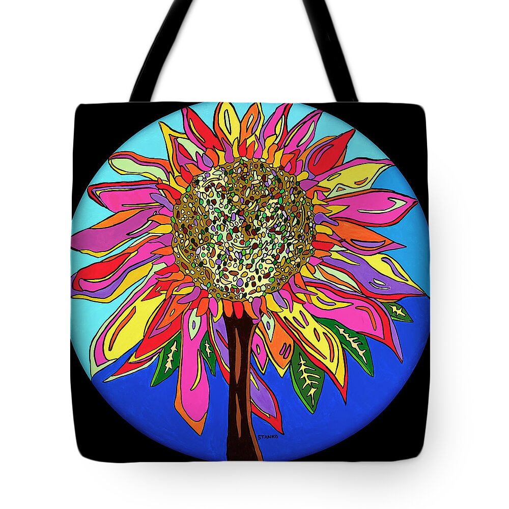 Flower Psychedelic Colorerful Pop Art Tote Bag featuring the painting FunFlower by Mike Stanko