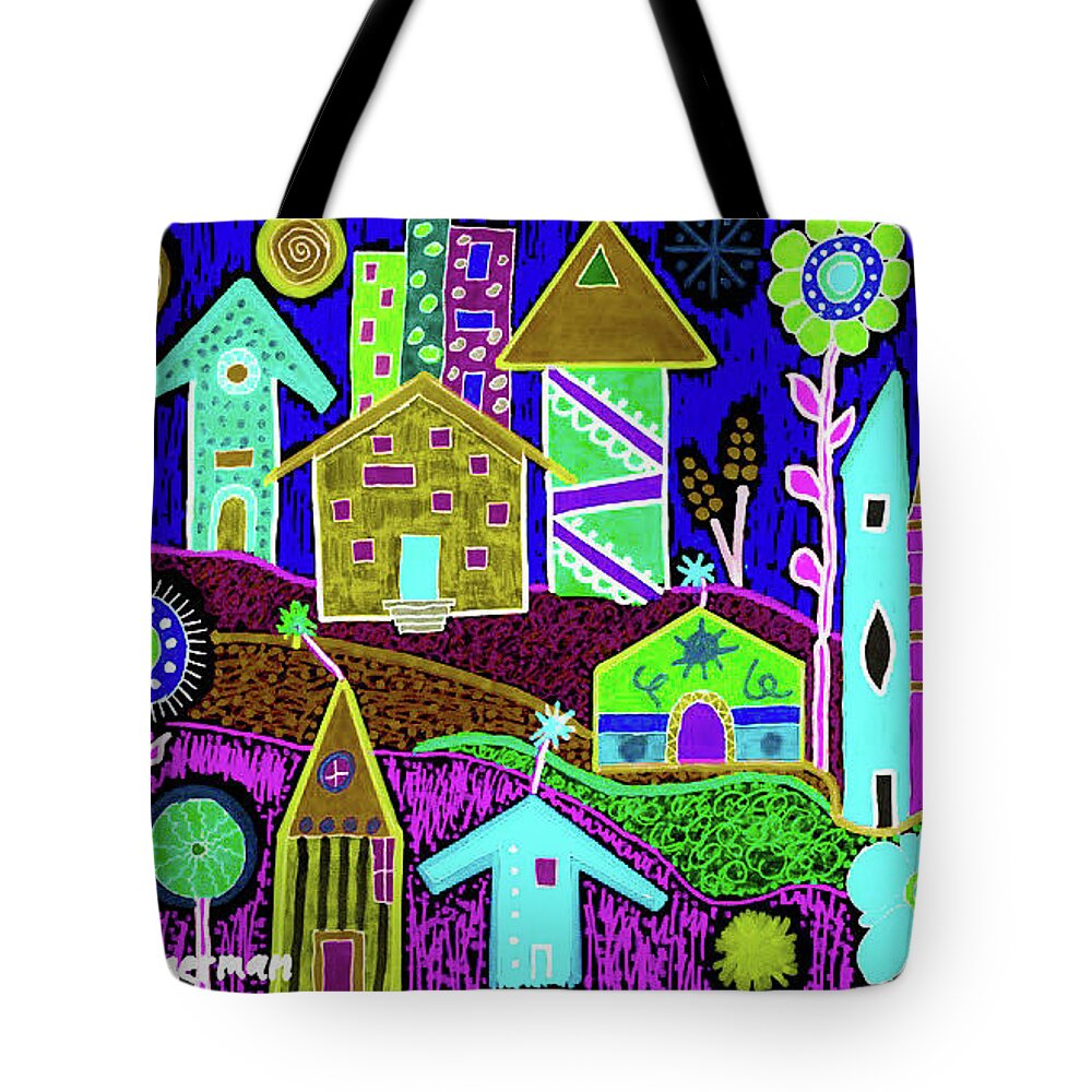 Original Drawing/painting Tote Bag featuring the drawing Funky Town 3 At Night by Susan Schanerman