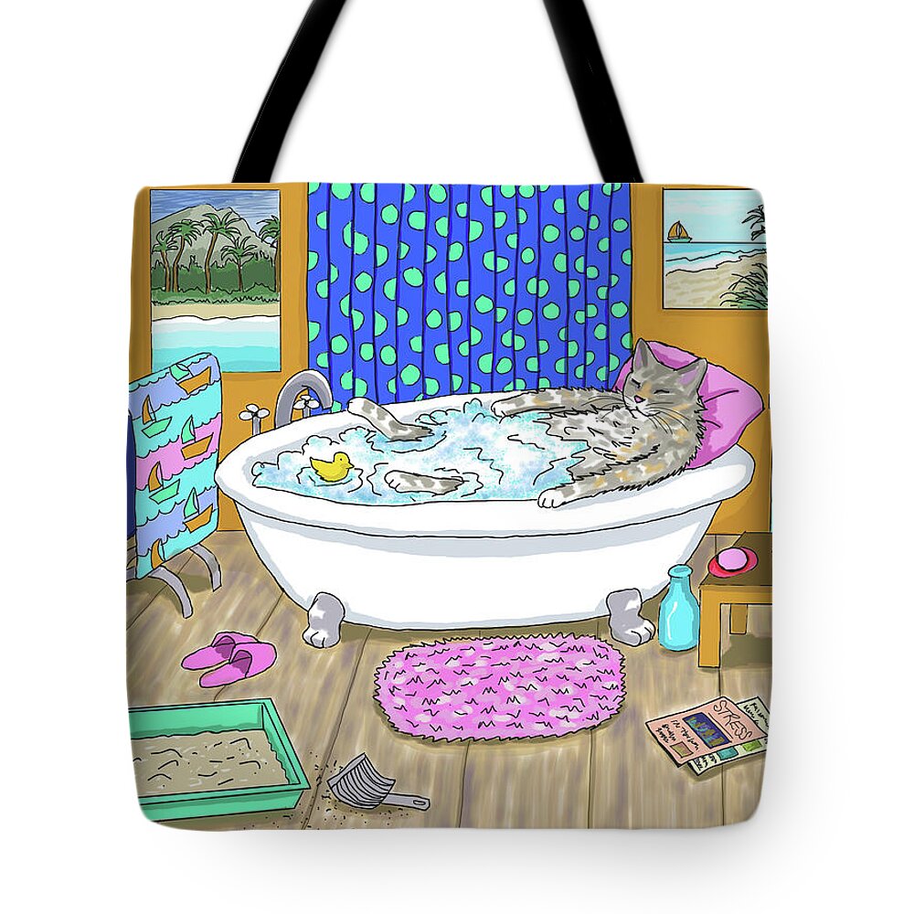 Cat Tote Bag featuring the digital art Funny Cat in Bath Cat 665 by Lucie Dumas