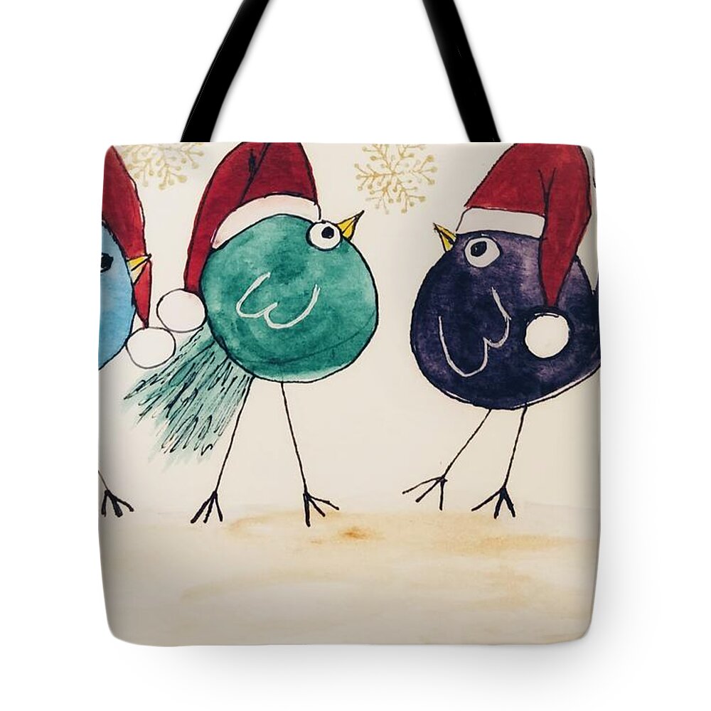 Birds Tote Bag featuring the painting Funny Christmas Birds by Shady Lane Studios-Karen Howard
