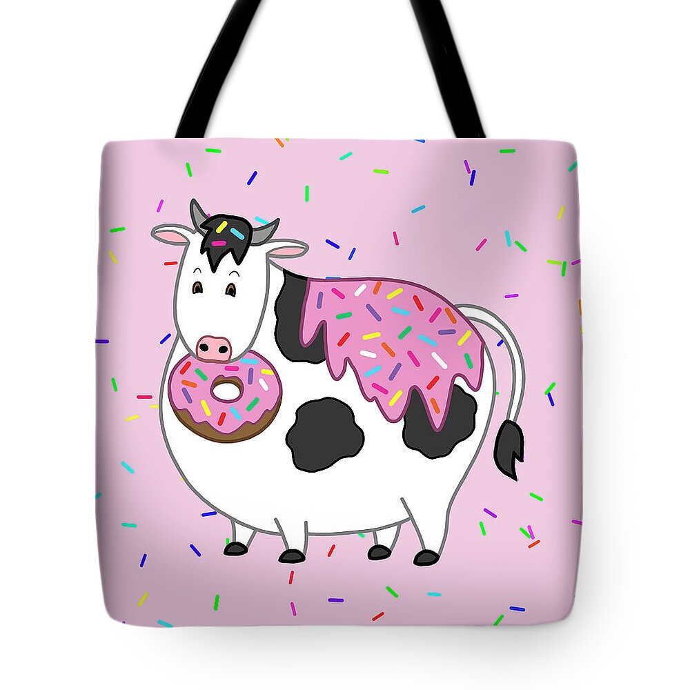 Holstein Cow Tote Bag featuring the painting Funny Fat Holstein Cow Sprinkle Doughnut by Crista Forest
