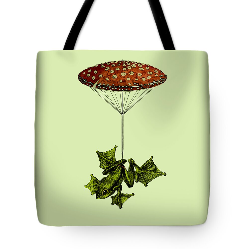 Frog Tote Bag featuring the digital art Funny Frog On Parachute by Madame Memento