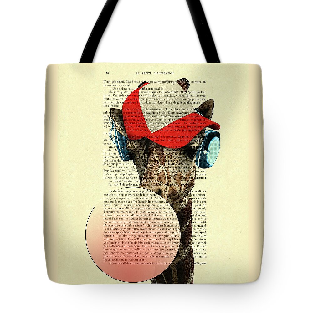Giraffe Tote Bag featuring the digital art Funny giraffe with baseball cap and bubblegum by Madame Memento