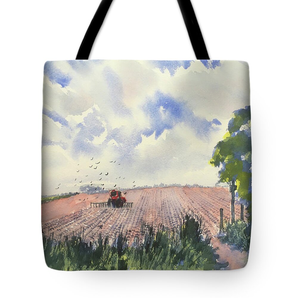 Watercolour Tote Bag featuring the painting Furrows and Gulls by Glenn Marshall