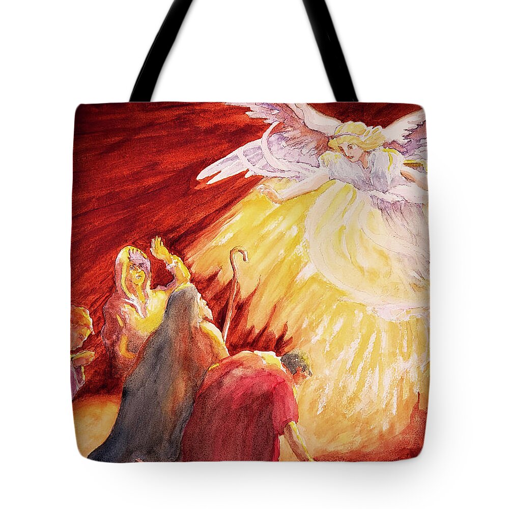 Gabriel Tote Bag featuring the painting Gabriel and the Shepherds by George Harth