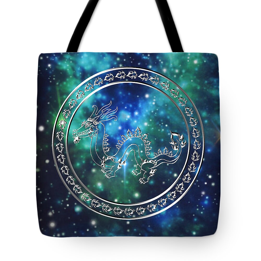 Dragon Tote Bag featuring the drawing Galactic Dragon by Mary J Winters-Meyer