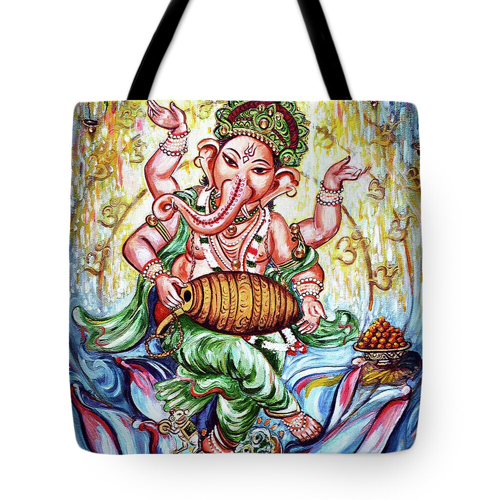 Ganesha Tote Bag featuring the painting Ganesha Dancing and Playing Mridang by Harsh Malik