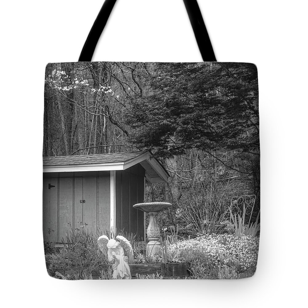 Barns Tote Bag featuring the photograph Garden Angel in Black and White by Debra and Dave Vanderlaan