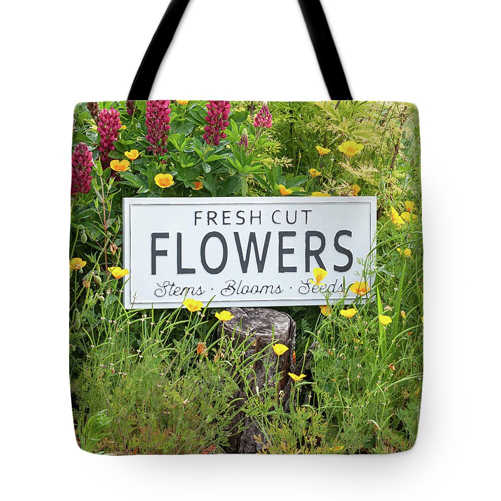 Flowers Tote Bag featuring the photograph Garden flowers with fresh cut flower sign 0769 by Simon Bratt