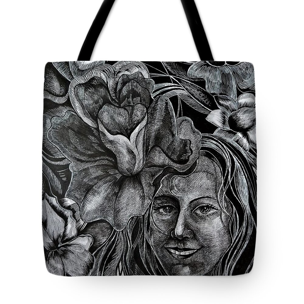 Black And White Tote Bag featuring the drawing Garden. Night Iris by Anna Duyunova