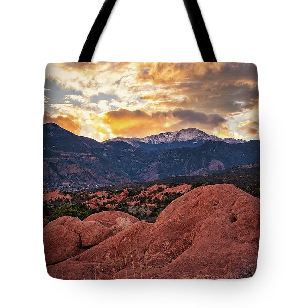 Garden Of The Gods Tote Bag featuring the photograph Garden of the Gods dramatic Winter sunset by Abigail Diane Photography