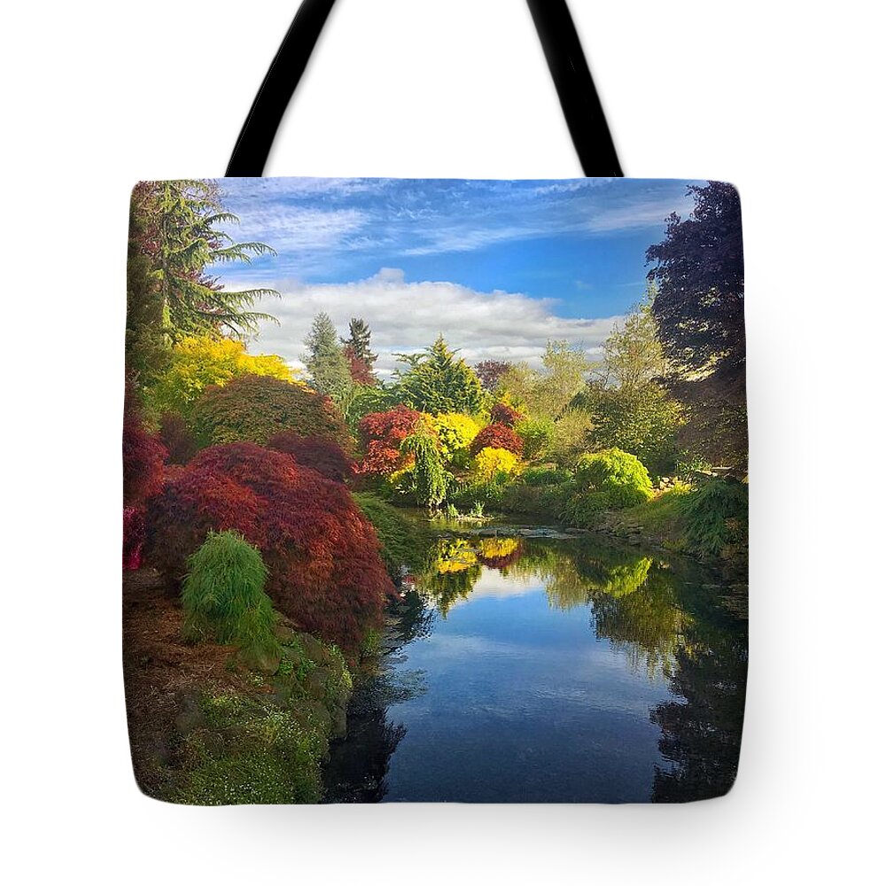 Sunset Tote Bag featuring the photograph Garden Reflections at Sunset by Jerry Abbott