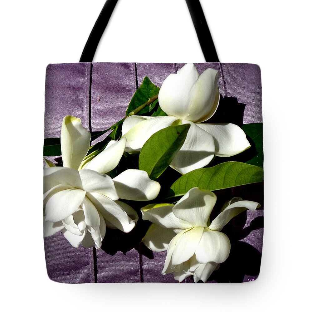 Gardenia Tote Bag featuring the photograph Gardenia On Purple by VIVA Anderson