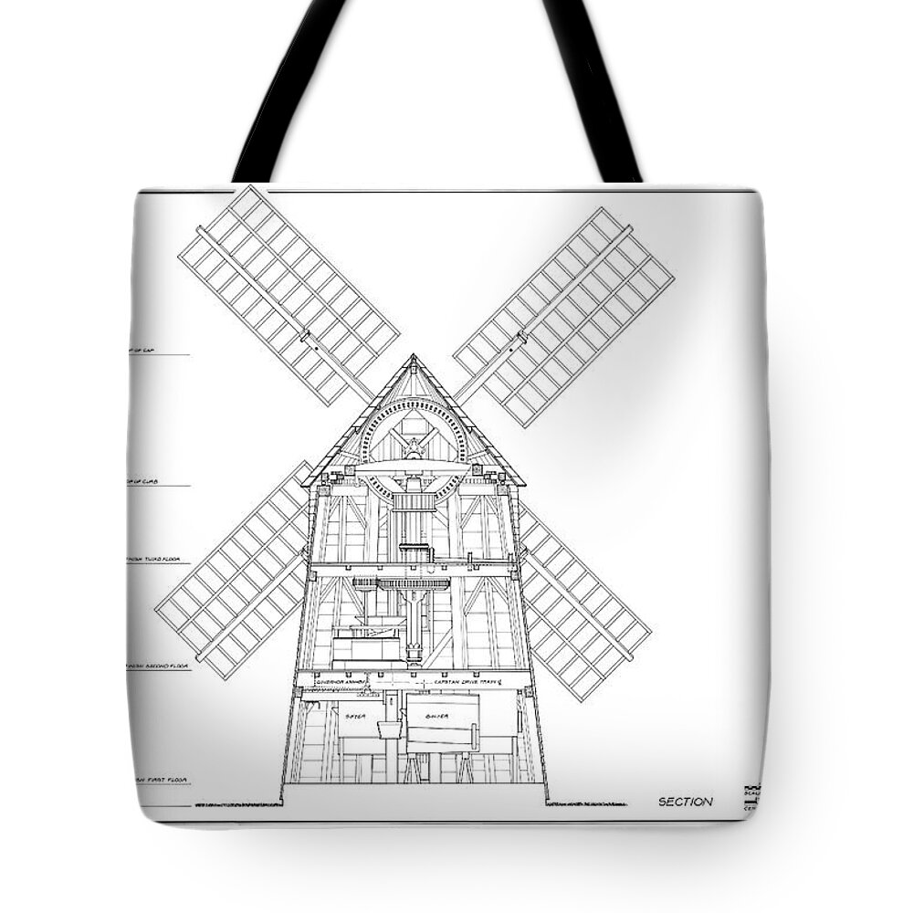 1978 Tote Bag featuring the drawing Gardiner's Island Windmill, 1978 by Kathleen Hoeft
