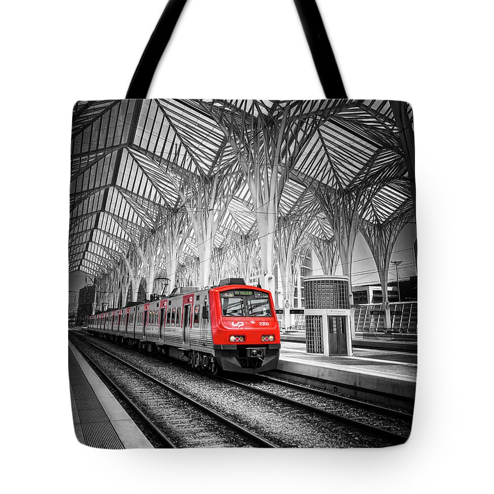 Lisbon Tote Bag featuring the photograph Gare do Oriente Lisbon Portugal Black White and Red by Carol Japp
