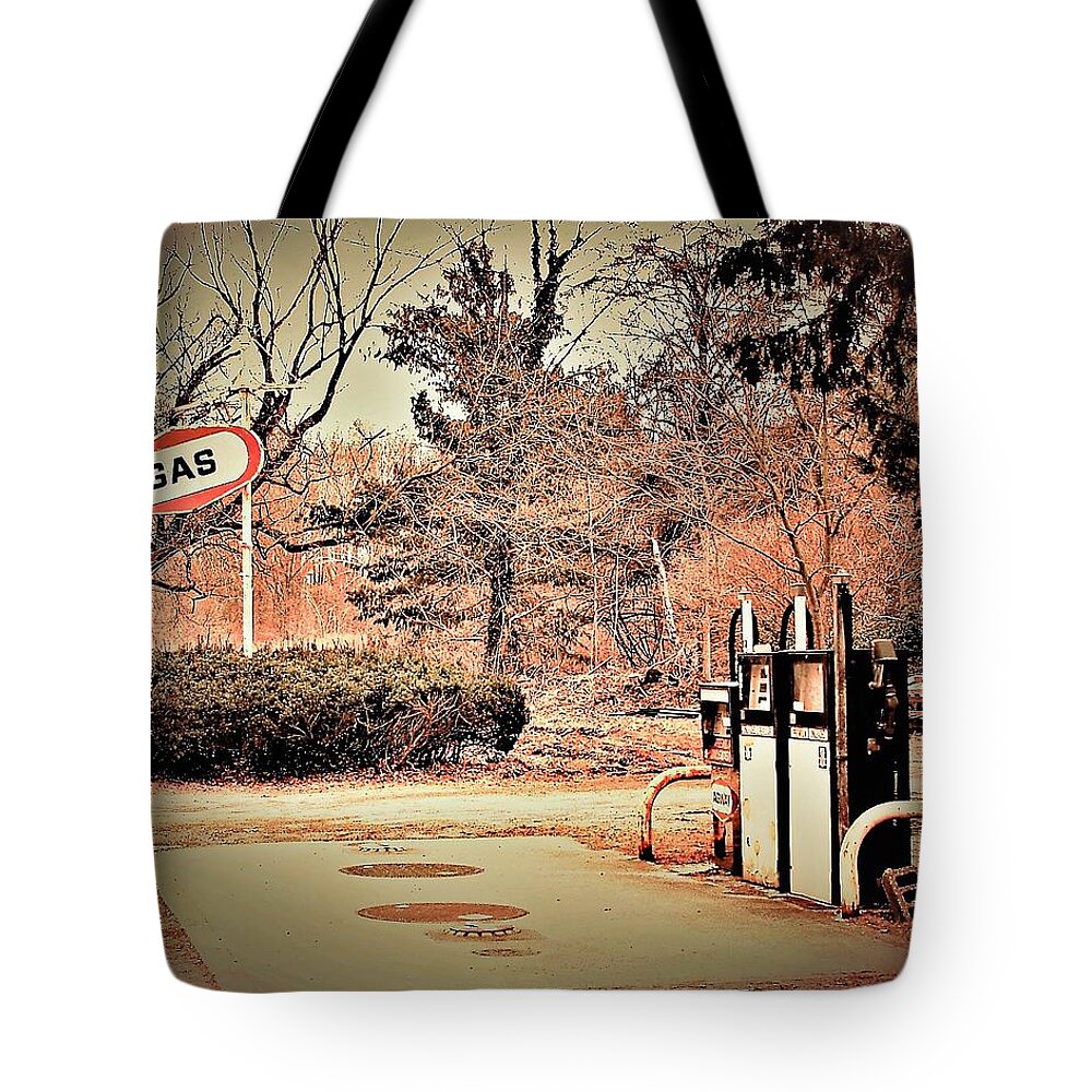 Gas Station Pumps Trees Metal Tote Bag featuring the photograph Gas Station by John Linnemeyer