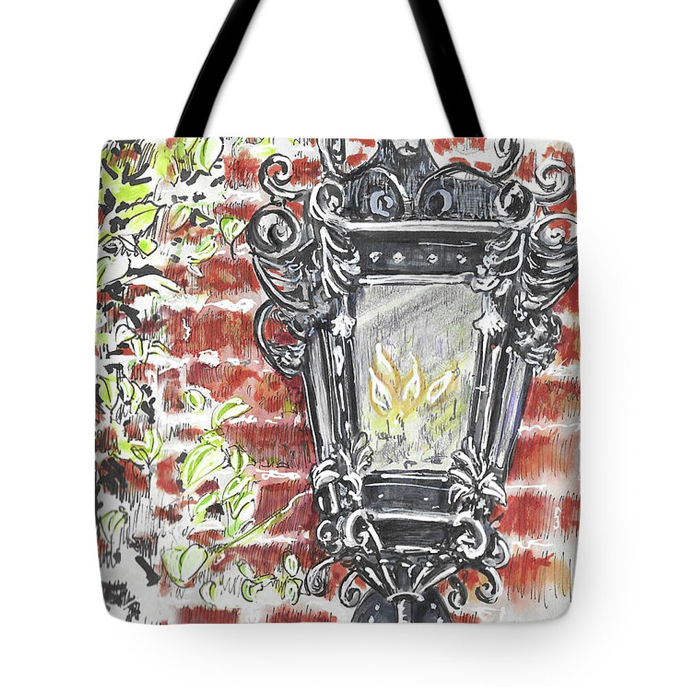 Gaslamp Tote Bag featuring the painting Gaslamp on South Adger's Wharf by Thomas Hamm