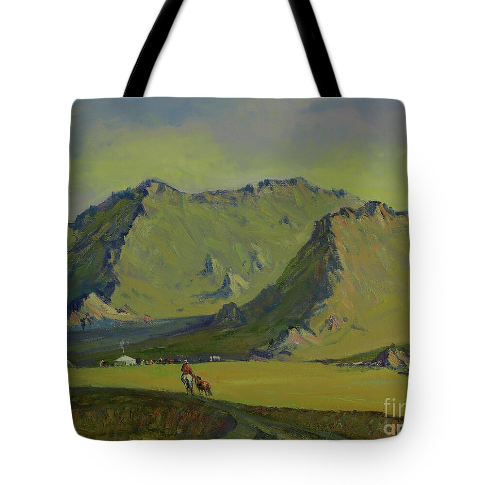 Summer Sky Tote Bag featuring the painting Gate of Ongon mountain by Badamjunai Tumendemberel