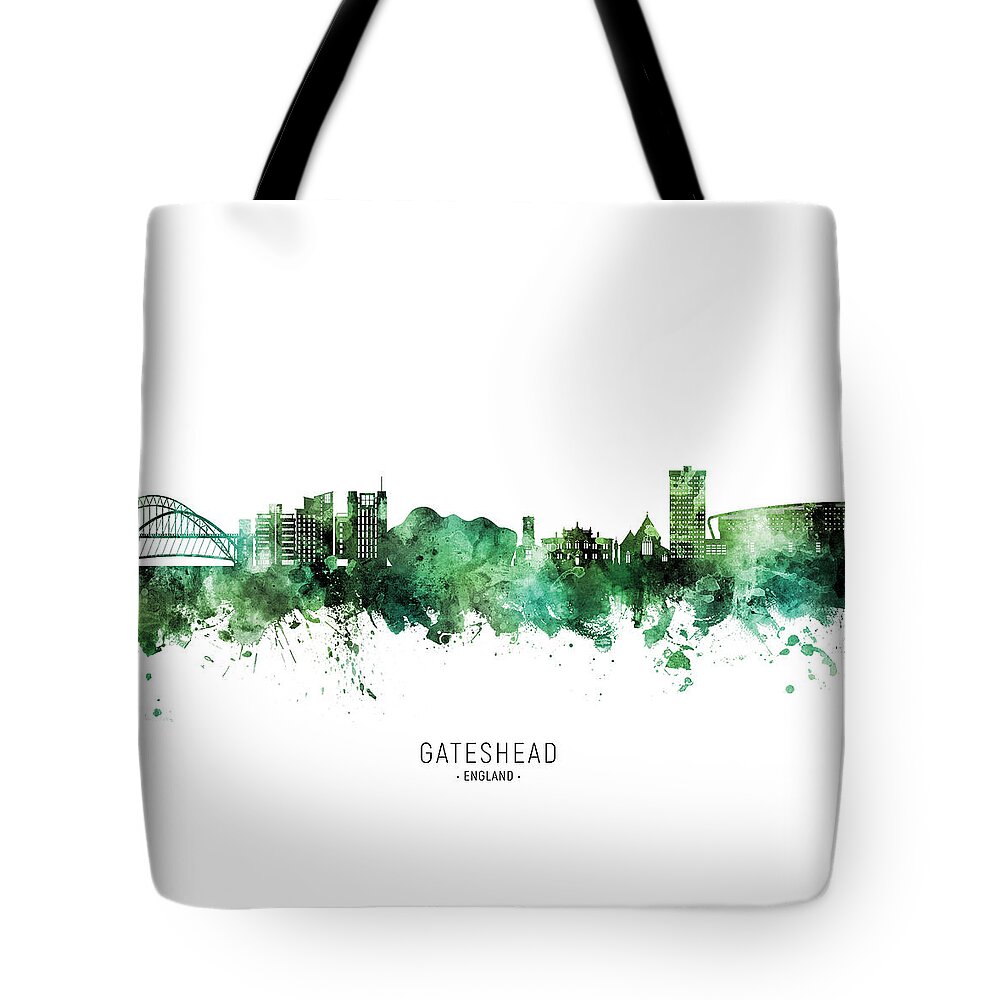 Gateshead Tote Bag featuring the digital art Gateshead England Skyline #18 by Michael Tompsett