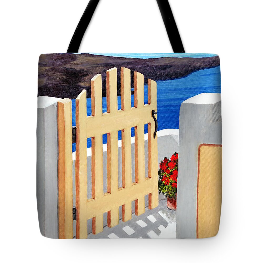 High Contrast Tote Bag featuring the painting GATEWAY TO SANTORINI- print of oil painting by Mary Grden