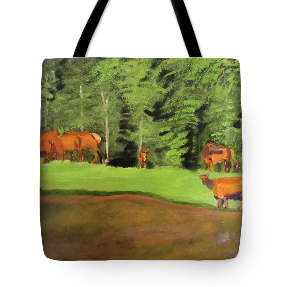 Elks Tote Bag featuring the painting Gathering of Elks by Linda Feinberg
