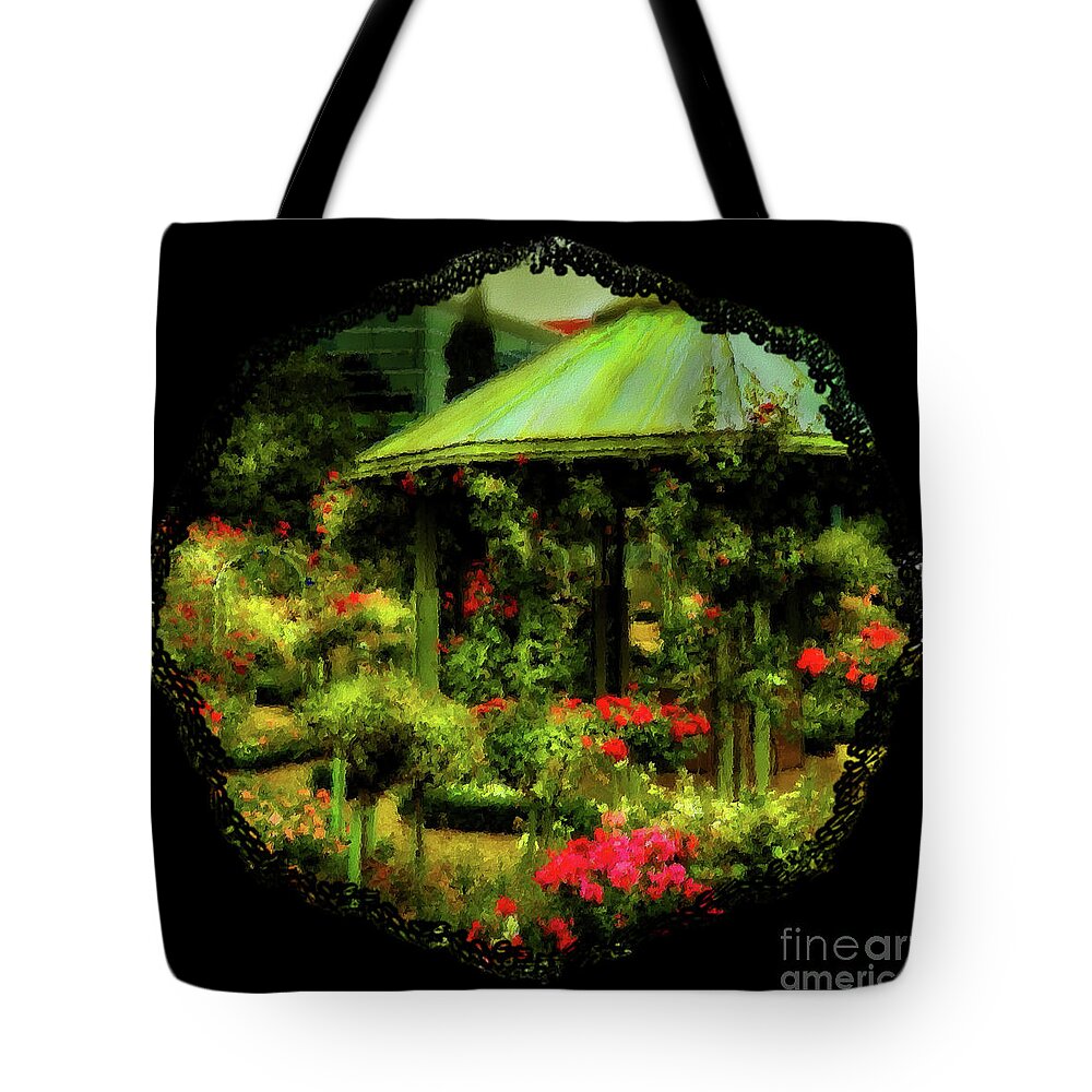 Hamburg Tote Bag featuring the photograph Gazebo and Roses by Yvonne Johnstone