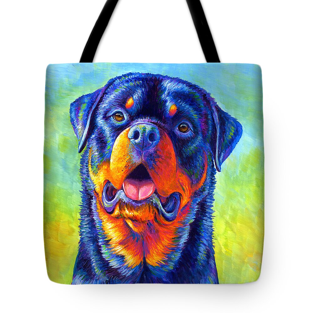 Rottweiler Tote Bag featuring the painting Gentle Guardian Colorful Rottweiler Dog by Rebecca Wang