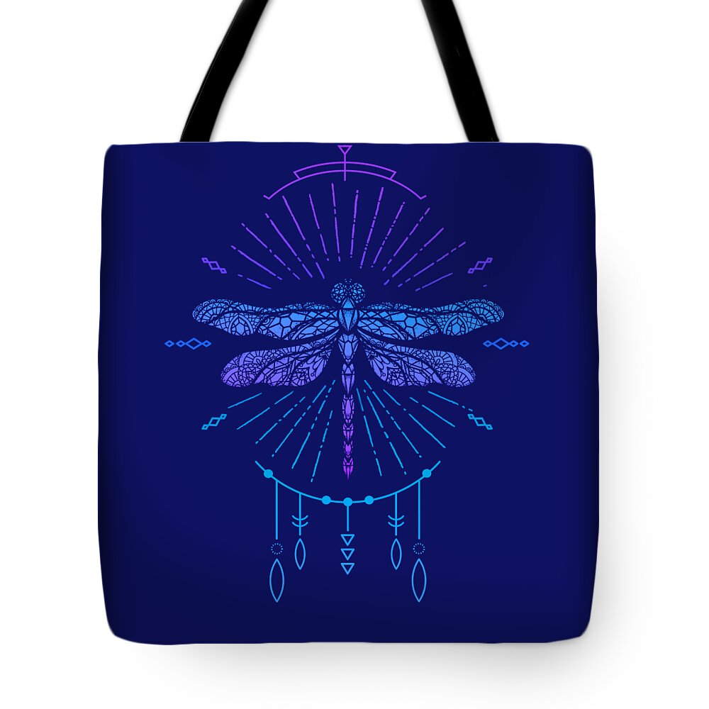 Dragonfly Tote Bag featuring the digital art Geometric Blue Boho Dragonfly by Laura Ostrowski