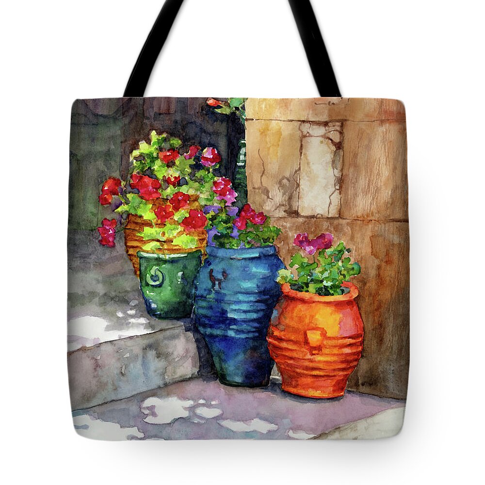 Pot Tote Bag featuring the painting Geranium Pots by Hailey E Herrera