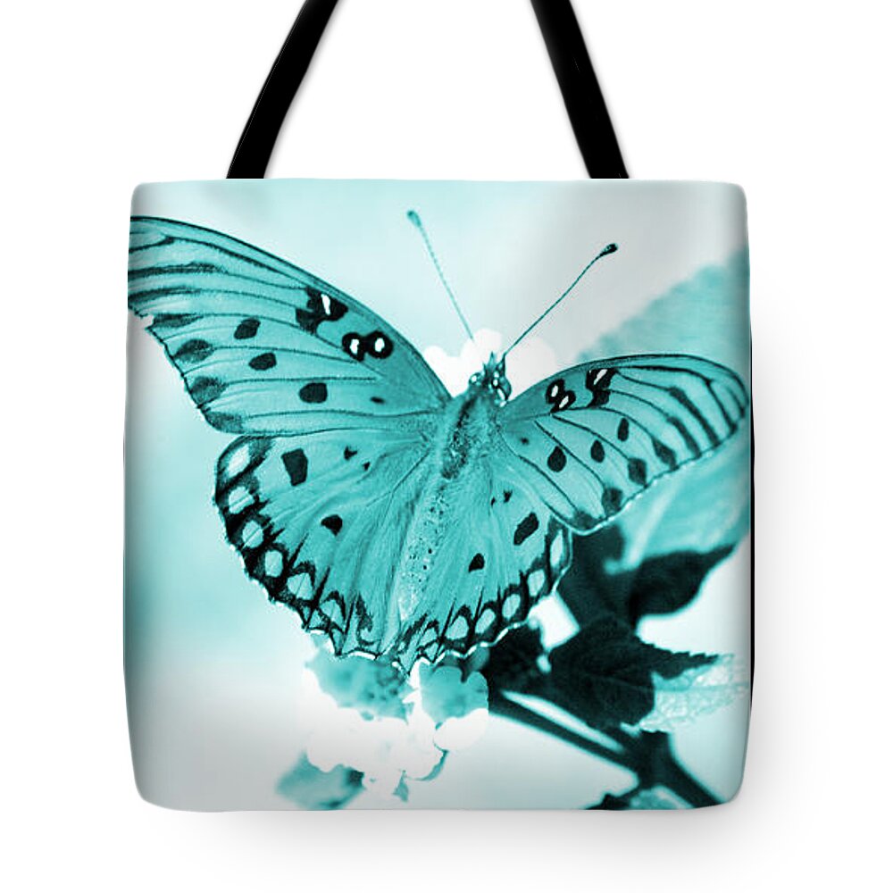 Gulf Tote Bag featuring the photograph Gulf Fritillary Butterfly Cyan Filmstrip 3 by David Weeks