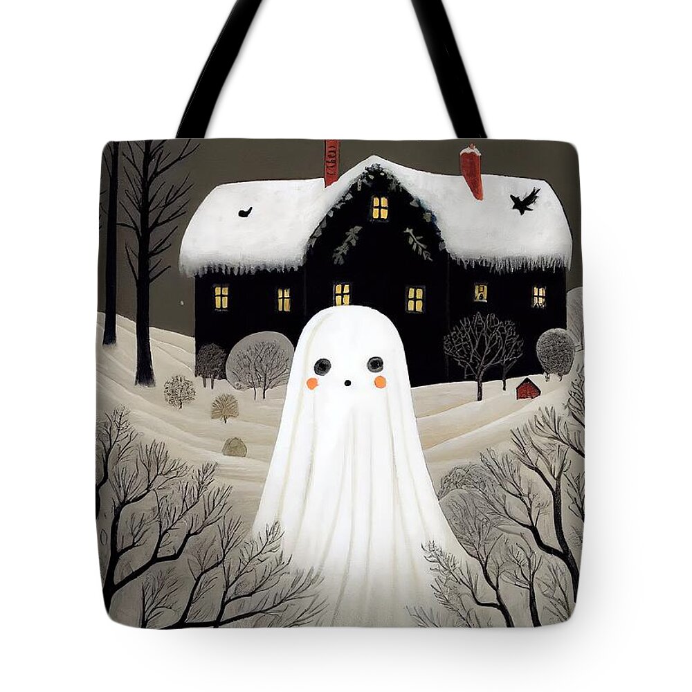 Ghost Tote Bag featuring the painting Ghost House In Snow Forest by N Akkash