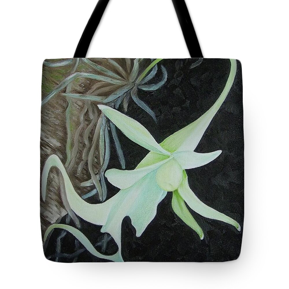 Orchids Tote Bag featuring the painting Ghost Orchid on a Palm Tree by Mary Deal