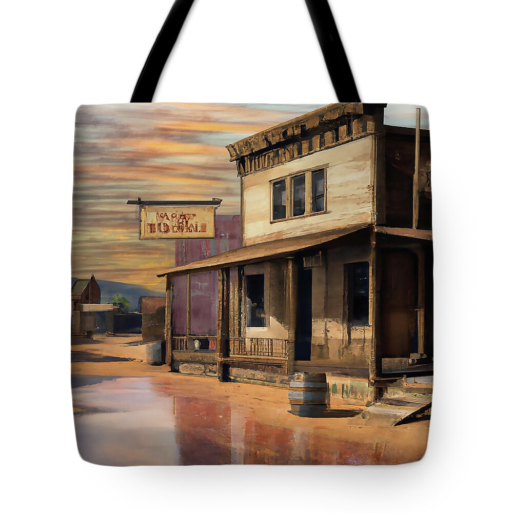 Western Tote Bag featuring the digital art Ghost Town by Alison Frank