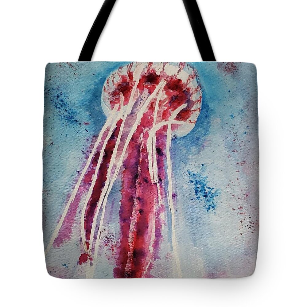 Abstract Aquatic Tote Bag featuring the painting Giant Jellyfish Floating Along by Stacie Siemsen