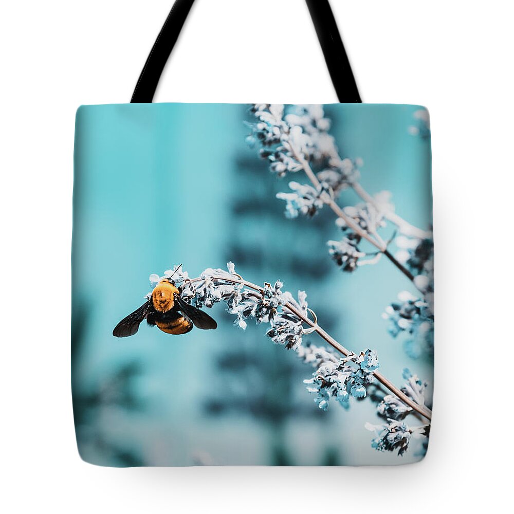 Aqua Tote Bag featuring the photograph Giant Spring Bumble Bee Hanging From Lupine Flowers In Blue And White by Jason McPheeters
