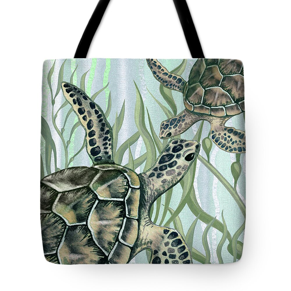 Art For Beach House Decor Ocean Seaweed Giant Turtle Swimming Tote Bag featuring the painting Giant Turtles Swimming In The Seaweed Under The Ocean Watercolor Painting IV by Irina Sztukowski